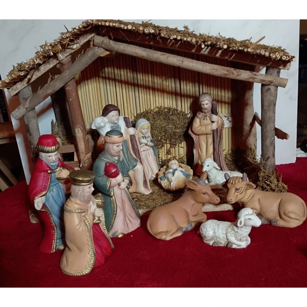 Vintage Sears Nativity Set 32 97889 Wood Stable 11 Porcelain Figures Christmas